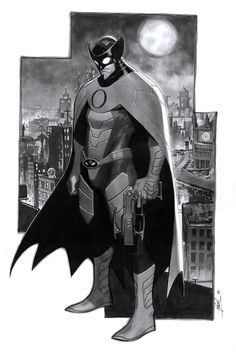 a black and white drawing of a man in a batman costume standing on top of a building