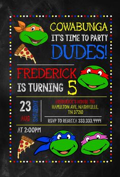 this is an image of a teenage birthday party with turtles and pizzas on the chalkboard