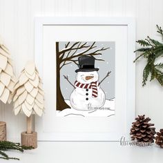 a snowman with a hat and scarf standing in front of a tree, surrounded by pine cones