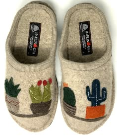 From HAFLINGER&#x2C; the Cactus Appliqued Wool Mule Slippers feature:Soft&#x2C; boiled-wool upper massages the foot for all-day comfortArtisan cactus appliquesSlip-on constructionWool liningLatex coated felt wool outsole is both comfortable and flexibleGrip dots on the sole help you keep your footingFlat heelImported. Coastal Grandpa, Cold Weather Shoes, Fun Slippers, Wool Slippers, Home Slippers, Felt Wool, Boiled Wool, Streetwear Men Outfits, House Slippers