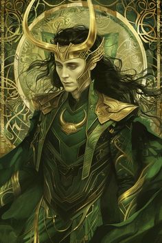 loki in green and gold with horns on his head