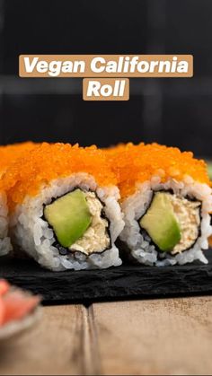 sushi rolls with cucumber and sauce on top