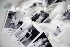 wedding photos are laid out on top of each other with white ribbon around the edges