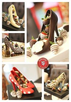 several pictures of chocolate covered shoes and strawberries