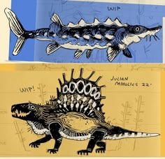 two drawings of fish and dinosaurs on paper