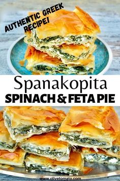 spinach and feta pie stacked on top of each other with text overlay