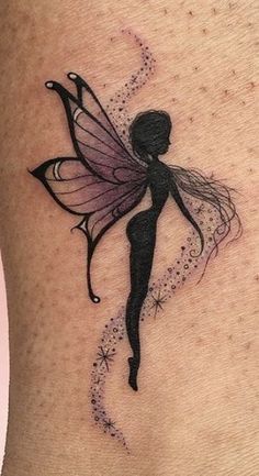 a woman with a tattoo on her stomach has a fairy tinkerbell flying through the air