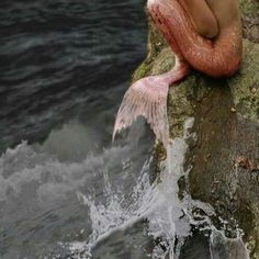 a mermaid sitting on top of a rock next to the ocean with her tail curled up