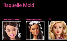 three barbie dolls with different hair styles and names on the same doll's face