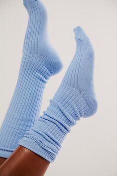 Just as versatile as they are vintage-inspired, these super cool socks are featured in a high-rise silhouette, perfect for wearing up to the knee or scrunching down for a more effortless style. * Super high needle count for detailing * Hand-closed toe for extra comfort * 1x1 rib for a super smooth feel | Super Scrunch Solid Socks by Hansel From Basel at Free People in Blue Cozy Mid-calf Spring Socks, Trendy Stretch Blue Socks, Trendy Blue Knee-high Socks For Winter, Trendy Blue Socks For Winter, Casual Blue Knee-high Socks For Spring, Trendy Blue Winter Socks, Stretch Blue Socks For Spring, Blue Stretch Socks For Spring, Trendy Ribbed Knee-high Socks For Spring