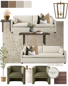 a living room with couches, lamps and other furniture in shades of beige and green