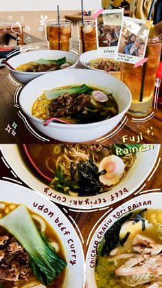 three plates filled with different types of food on top of a wooden table next to drinks