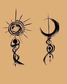 the sun and moon are drawn in black ink on a beige background with an artistic design