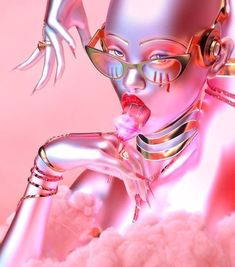 a futuristic woman with headphones on her ears is in the clouds and blowing bubbles