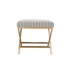 an upholstered stool with a striped seat pad and wooden frame, against a white background