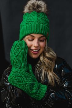 Green is the color of the season, and what better way to incorporate it into your look than these Kelly green cable knit mittens! With their fleece lining, they will keep you cozy and warm throughout the chilly seasons. Cable Knit Mittens, Green Mittens, Knit Mittens, Pom Pom Hat, Fur Pom Pom, Kelly Green, Winter Accessories, Hand Warmers, Cable Knit