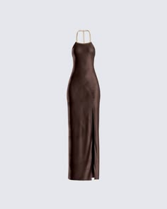 It’s not every day that someone is blessed with the presence of an actual goddess… give them that gift 😏 Be unforgettable in this brown satin, form-fitting gown with a front slit. Complete with a gold chain halter neckline and straps for an elevated look 🤎 Dark Brown Satin Dress, Brown Birthday Dress, Finesse Dress, Brown Formal Dress, Brown Satin Dress, Brown Gown, Brown Dresses Formal, Brown Clothes, Fuzzy Skirt