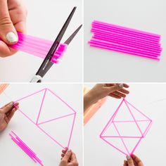 the process to make an origami geometric shape with neon pink plastic straws