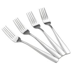 four forks and two knives on a white background