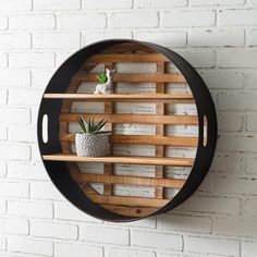 Round Wood and Metal Wall Display Shelves-Wall Decor-Vintage Shopper Wood And Metal Shelves, Round Wall Shelves, Unique Wall Shelves, Round Shelf, Small Potted Plants, Wooden Planks, Empty Wall, Metal Accents, Open Shelves