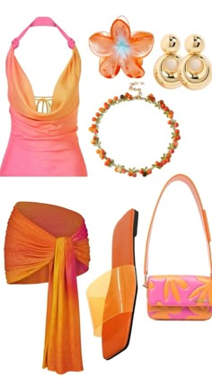 Hawian Outfits Party, Tropical Outfit Aesthetic, Orange Beach Outfit, Orange Outfit Summer, Tropical Outfit Ideas, Tropical Party Outfit, Tropical Outfit, Ibiza Outfits