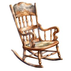 a wooden rocking chair with an upholstered seat and armrest, painted in watercolor