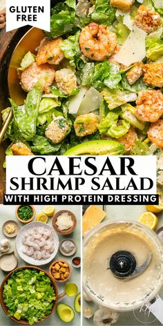 a tall pin with an up close image of the shrimp Caesar shrimp salad with an ingredient shot and the homemade Caesar salad dressing Shrimp Caesar Salad, Salad For Summer, Seasoned Shrimp, The Perfect Salad, Perfect Salad, Caesar Salad Recipe, Shrimp Seasoning, Caesar Dressing, Easy Shrimp