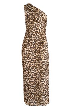 Striking leopard spots embolden this shoulder-baring dress accented with soft pleats. One-shoulder neck Lined 100% viscose Dry clean Imported Chic Leopard Print Midi Dress, Elegant Leopard Print Midi Dress, Elegant Sleeveless Leopard Print Midi Dress, Leopard Print Maxi Dress, Red Cocktail Dress, Leopard Dress, Khaki Dress, Leopard Print Dress, Ribbed Dresses