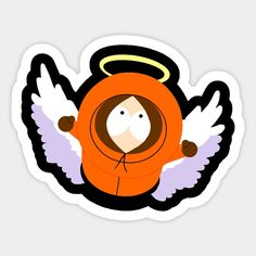 an orange sticker with angel wings and a girl in the center on it's chest