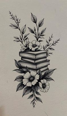 a drawing of books with flowers and leaves on top of each book is in the shape of a stack of books