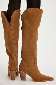 A sharp snip toe takes these suede over-the-knee boots to the next level. **Features:** Over-the-knee length, suede uppers, pointed snip toe, asymmetrical zipper closure, slit at back of knee, block heel **Why We | Over The Moon Tall Boots by FP Collection at Free People in Tan, Size: US 8 Over The Moon, Tall Boots, Over The Knee Boots, Over The Knee, Knee Boots, The Moon, Block Heels, Knee Length, The Next