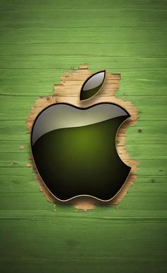 an apple logo is shown on a green wood planked background with the word'apple'below it