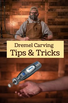 a man in an apron sitting at a table with his hand on the counter and text overlay that reads dremel carving secrets