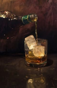 an oil painting of whiskey being poured into a glass with ice cubes in it