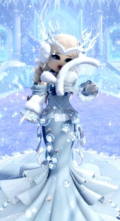 a woman in a blue dress with white fur on her head and snow flakes around her neck