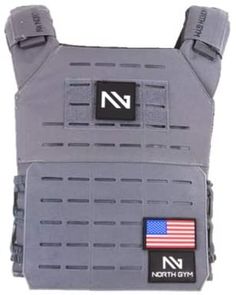 the north gym weight vest is grey and has an american flag patch on the chest