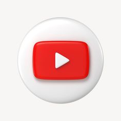 a red and white button with a play button on it's left side in front of a white background