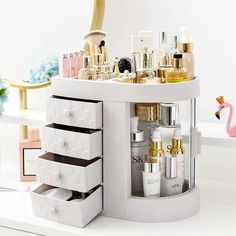 This gorgeous, modern Cosmetic Vanity Makeup Organizer is all you need to arrange all the items of your messy dressing room. It has four separate storage drawers, top compartments, and a side shelf with a sliding glass door. Rangement Makeup, Makeup Storage Box, Make Up Organiser, Makeup Box, Desktop Storage, Cosmetic Organizer, Lipstick Makeup