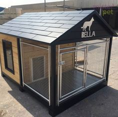 a dog house with a metal roof is shown in front of an advertisement for the pet store