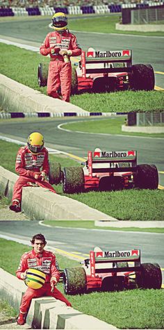 a man sitting on top of a red race car