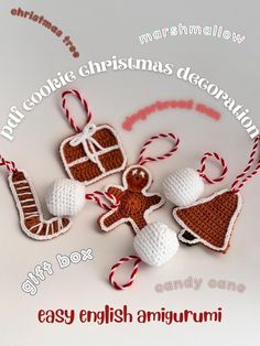 three crocheted christmas ornaments with candy canes on the bottom and an ornament in the middle