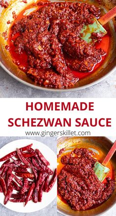 homemade schezwan sauce in a skillet with red peppers and other ingredients