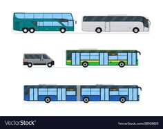 four different types of buses on a white background