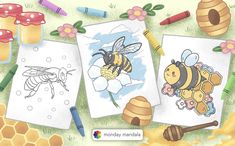 three coloring pages with bees and honeycombs on the ground surrounded by crayons