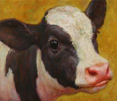 a painting of a black and white cow looking at the camera with an orange background