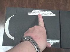 a person pointing at the moon on top of a book with two stickers attached to it