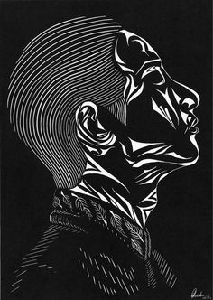 a black and white drawing of a man's head