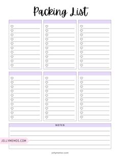 the printable packing list is shown in purple and white with hearts on it's side