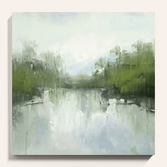 an abstract painting of trees and water