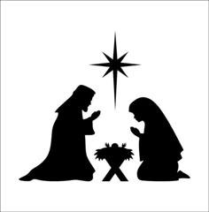 the nativity scene is depicted in black and white, with a star above it